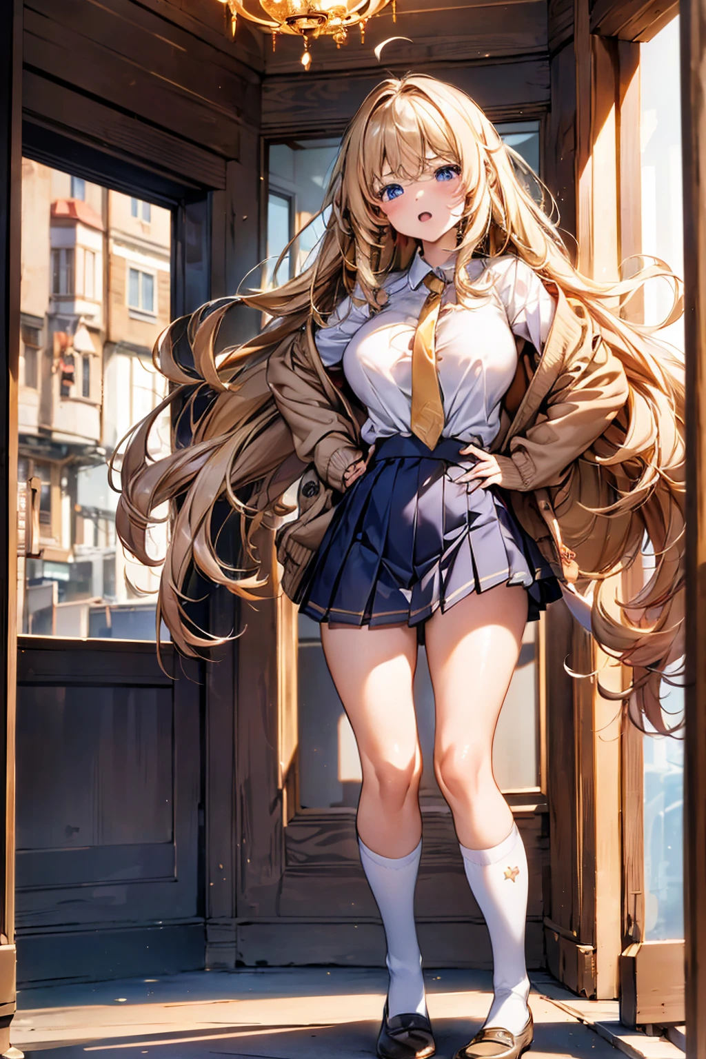 Browsing Caution,(Highest quality, 8k, masterpiece:1.3,beautiful girl), (Very detailed)Glowing Skin,(((Long Hair,blonde,Beautiful Hair))),(Perfect Anatomy, Anatomically correct, Very detailed肌),((Golden Eyes)),((Perfect Fingers,Five Fingers)),((Light blue collared shirt, Navy pleated mini skirt, socks, Navy tie, Light brown cardigan, White knee socks)),Pink Panties, Knee-high socks,Knee-high socks on both feet,Double teeth,Big Breasts,Big Ass,Get angry、とてもGet angry、Single family home、In front of the entrance、((顔を赤くしてGet angry,Puff out your cheeks)),Place your hands on your hips,