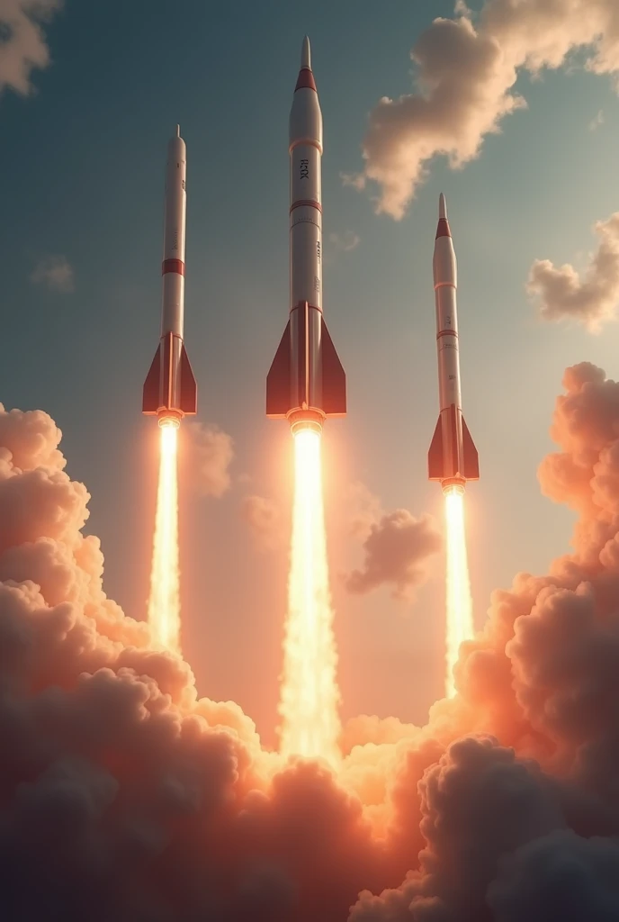 Rockets are going towards the air and leaving smoke behind  from below side looking hyper realistic imagine 