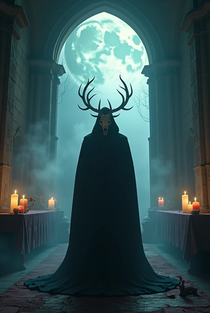 (Highest quality,4K,8k,High resolution,masterpiece:1.2),Very detailed,(Realistic,photoRealistic,photo-Realistic:1.37),Horror,dark,occult,dark,Color Scheme,at night,Shadowy,dark,an  ominous雰囲気,A man wearing a deer skull on his head,Black Robe,Candles,combustion, Flickering Light,Satanic Alter,Spooky,dark magic,Vibrant colors,surRealistic,moonlight,shadows dance,Ghostly,spooky美学,Mysterious,Mysterious Person,Ancient rituals,The presence of demons,an  ominous,Threatening,spooky,occult symbols,Mysterious writing,Mysterious,Foggy atmosphere,pale moonlight,Gothic elements,an  ominous影,Ghostly,ominous Candless,Whispering Shadow,an  ominous darkness,Fascinating,spooky,Anxious Energy,thick darkness,Fascinating風景,total darkness,Forbidden rituals,lit by the Candleslight,Supernatural energy,Esoteric knowledge,Nightmare,Ghostlyly beautiful,Cloak,Hooded,Fascinating,Hidden Secrets,Esoteric meaning,Communicate,Cryptography,Key to the unknown,Nightmare,dark aura,unveiling the Shadowy truth,Strange and otherworldly,dark glamour,独特でspooky雰囲気,an  ominous姿,Tranquility,strict,Ancient mysticism,Otherworldly Beings,an  ominous雰囲気,spooky影を落とす,dark enchantments,Satanic,cloaked in darkness.