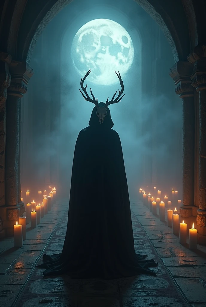 (Highest quality,4K,8k,High resolution,masterpiece:1.2),Very detailed,(Realistic,photoRealistic,photo-Realistic:1.37),Horror,dark,occult,dark,Color Scheme,at night,Shadowy,dark,an  ominous雰囲気,A man wearing a deer skull on his head,Black Robe,Candles,combustion, Flickering Light,Satanic Alter,Spooky,dark magic,Vibrant colors,surRealistic,moonlight,shadows dance,Ghostly,spooky美学,Mysterious,Mysterious Person,Ancient rituals,The presence of demons,an  ominous,Threatening,spooky,occult symbols,Mysterious writing,Mysterious,Foggy atmosphere,pale moonlight,Gothic elements,an  ominous影,Ghostly,ominous Candless,Whispering Shadow,an  ominous darkness,Fascinating,spooky,Anxious Energy,thick darkness,Fascinating風景,total darkness,Forbidden rituals,lit by the Candleslight,Supernatural energy,Esoteric knowledge,Nightmare,Ghostlyly beautiful,Cloak,Hooded,Fascinating,Hidden Secrets,Esoteric meaning,Communicate,Cryptography,Key to the unknown,Nightmare,dark aura,unveiling the Shadowy truth,Strange and otherworldly,dark glamour,独特でspooky雰囲気,an  ominous姿,Tranquility,strict,Ancient mysticism,Otherworldly Beings,an  ominous雰囲気,spooky影を落とす,dark enchantments,Satanic,cloaked in darkness.
