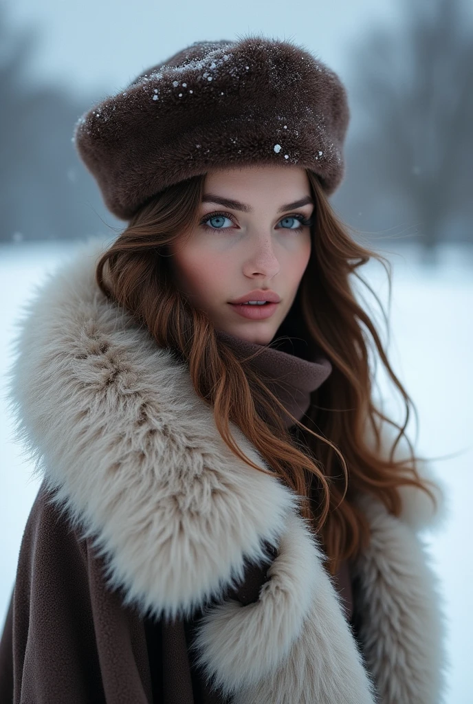 A female with brown hair and blue eyes wearing a fur coat and fur hat