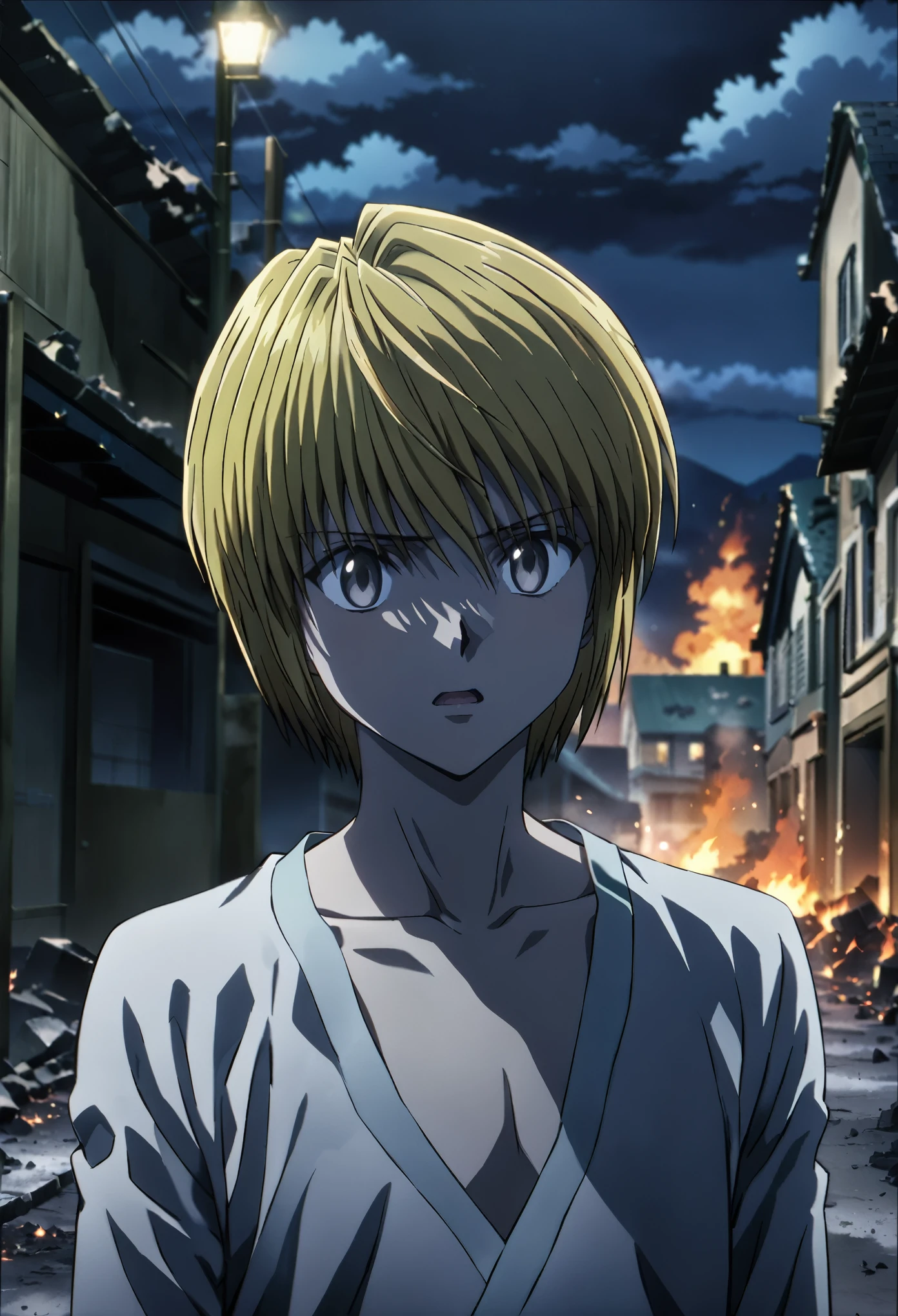 kurapika_hxh, blonde hair, grey eyes, short hair, bangs, hair between eyes, masterpiece, best quality, high quality, 1male, solo, male_focus, feeling scared, screaming, fully naked, frontal, town destroyed, fire, burning ashes, naked, destruction, night, debris in the air, burrning ashes in the air, full body, male genitals, small-size soft penis, handsome, detailed face, eyes and hands without errors, anime style, best quality, high detail, unity 8k wallpaper, high resolution, standing, vivid colors, detailed high quality background, pene pequeño, detalle nítido, extremadamente detallado, Intrincado, Alta resolución, noche, desnudo, , skinny fit