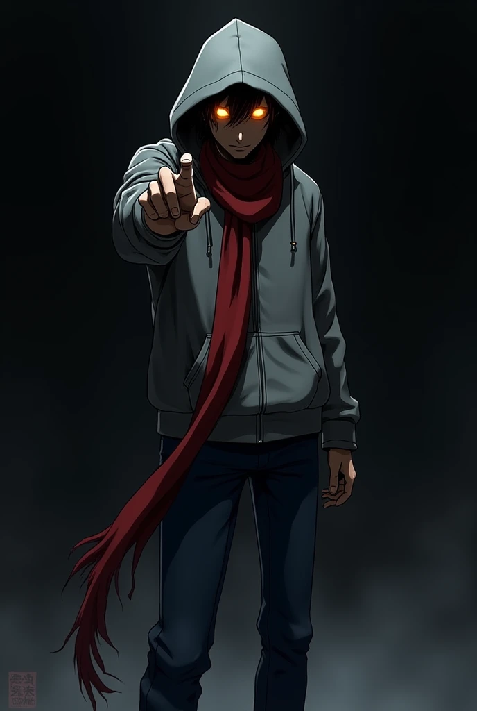 Anime pointing , black void man, with orange hollow eyes, red scarf, gray hoodie, blue jeans