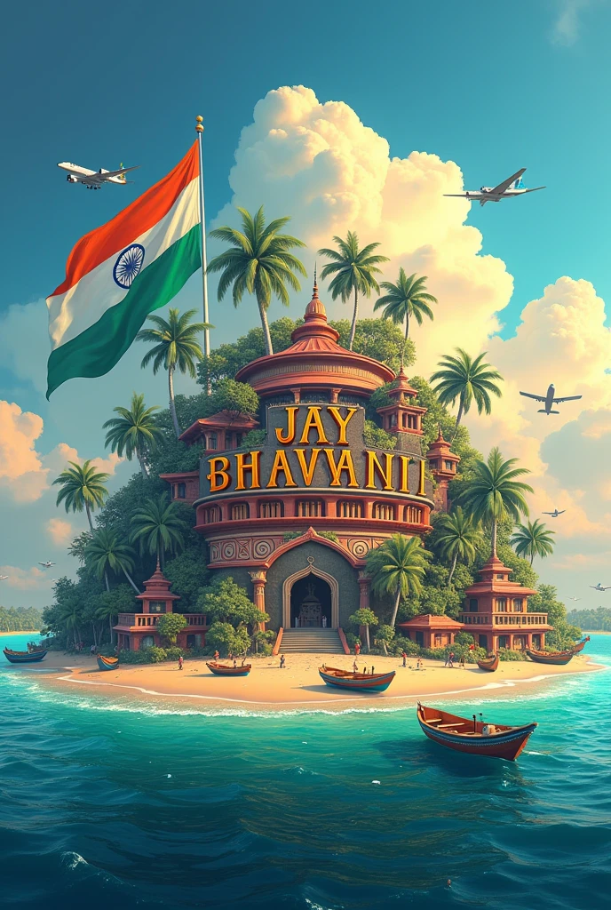 A tropical island with the name "Jay Bhavani" written on a large sign, an Indian flag waving in the foreground, and various boats and Indian army aircrafts in the background against a colorful sky 
