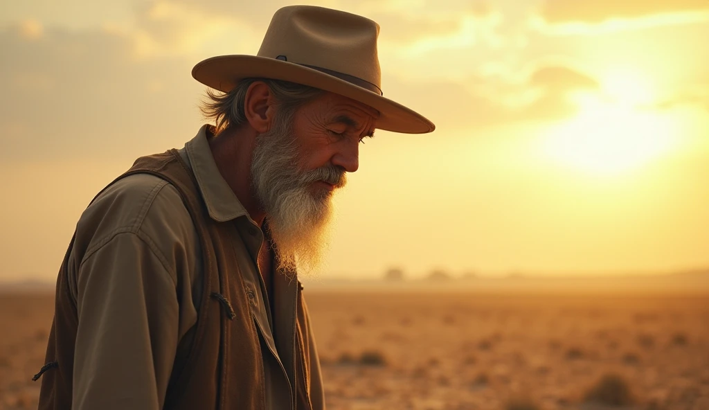 An old debt ridden farmer who is very sad, behind him are the rays of the sun and the dry fields which are blurred