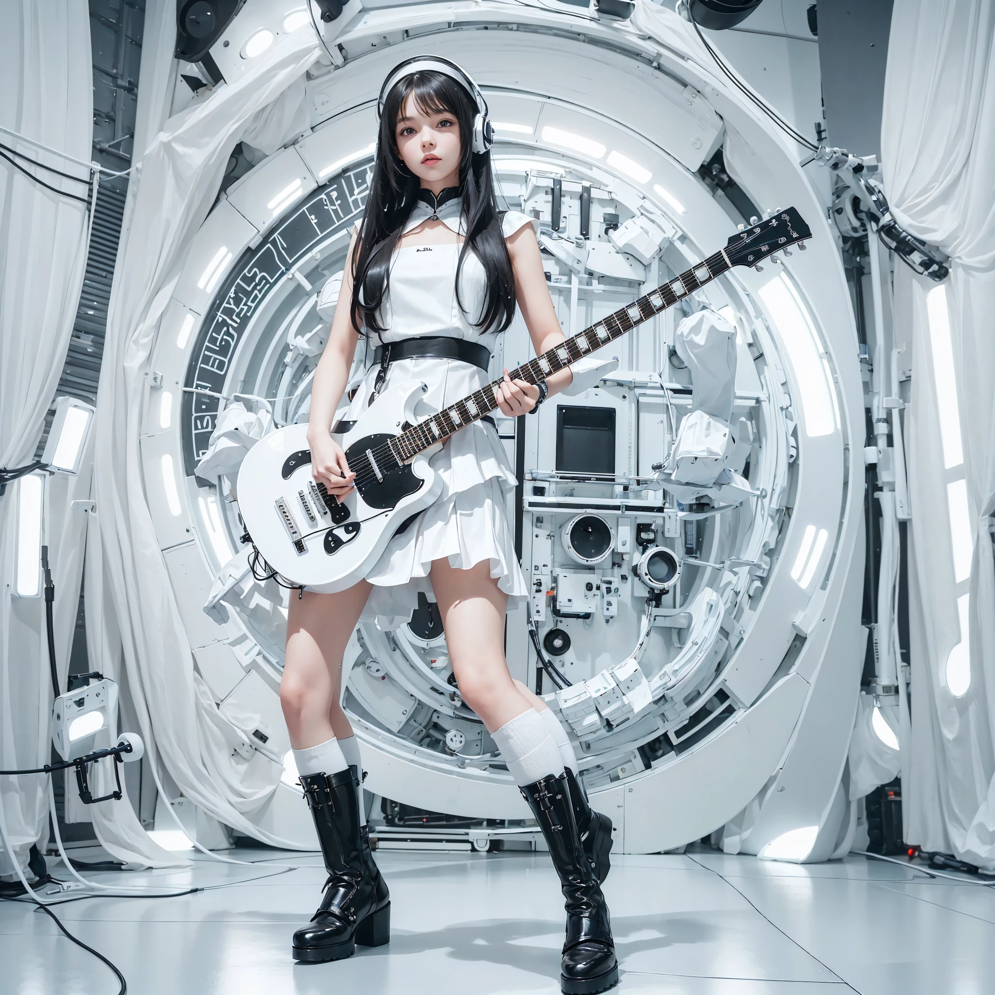 Seductive woman raising hands and shouting　Perfect beauty　Beautiful eyes　Beautiful white skin　Look at viewers　Lustrous lips　Lovely smile　White ugly hair　holding an electric guitar　is standing　Futuristic body clinging Lolita costume designed in black and white　Costume with a visible navel　Functional　Mechanical helmet with LED lens　Inside the spacecraft