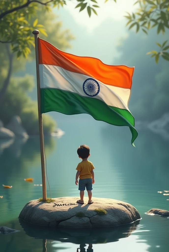 Generate a image of a indian flag on the  stone in the middle of water flying by a 2 year old indain boy and write a name "Mahesh" at stone 