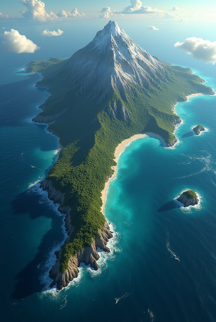 planet full of water divided by a mountainous land line with peaks and volcanoes, and in the center of the sea a round continent with four islands around it
