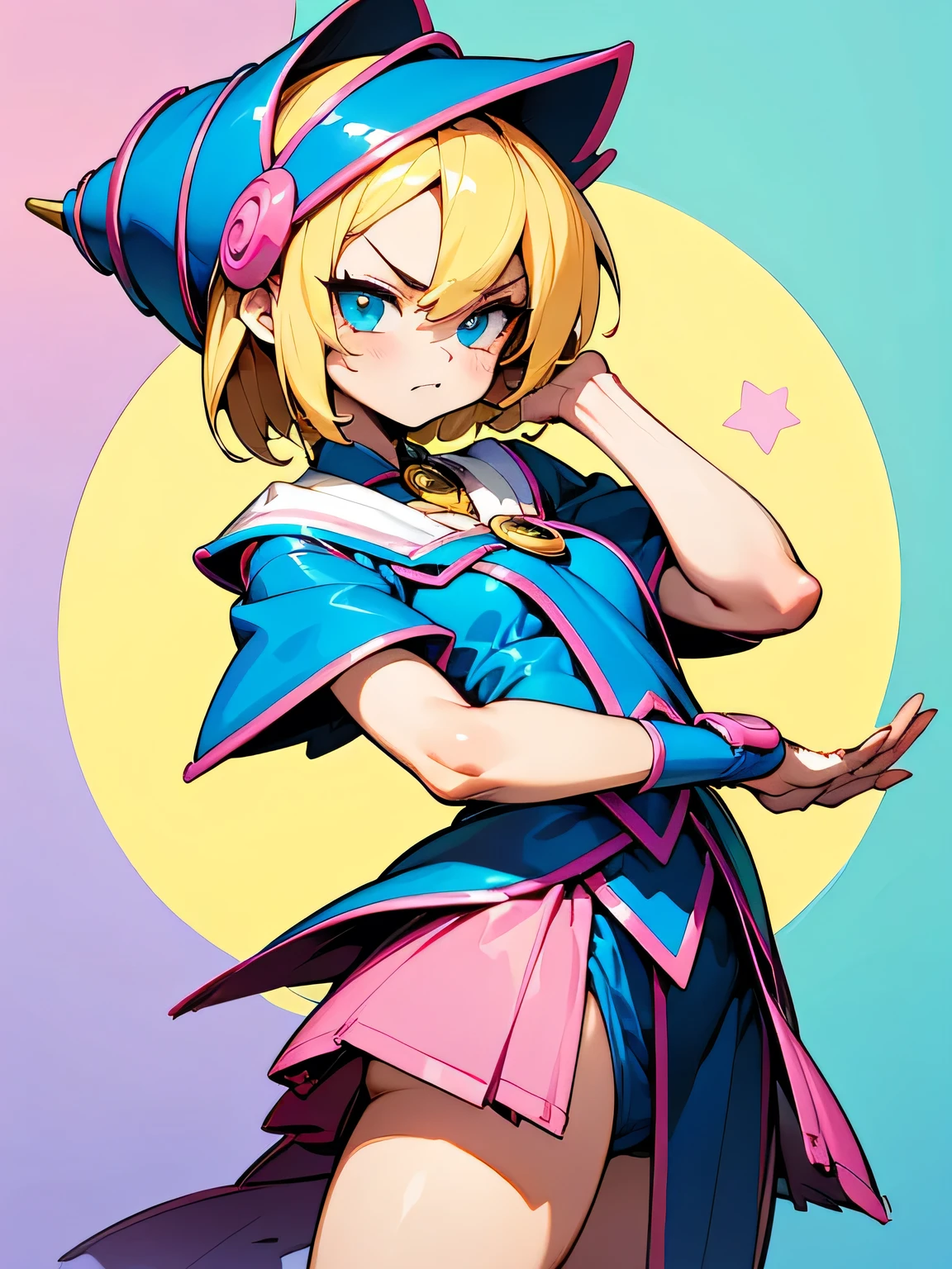 solo,16years old,Dark Magician Girl,Black Magician Girl,cute angry,cheek、Blonde Hair Color、slim,(I am the star)、Model Pose,Pastel color cute world、(pastel color, white ,pink,Blue,yellow),Correct Anatomy、good hand,animation,illustration,Best image quality,masterpiece