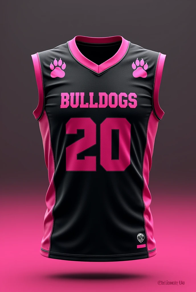 Black and pink flag football jersey, that says BULLDOGS and the number 20 on the front without sleeves that has dog paws