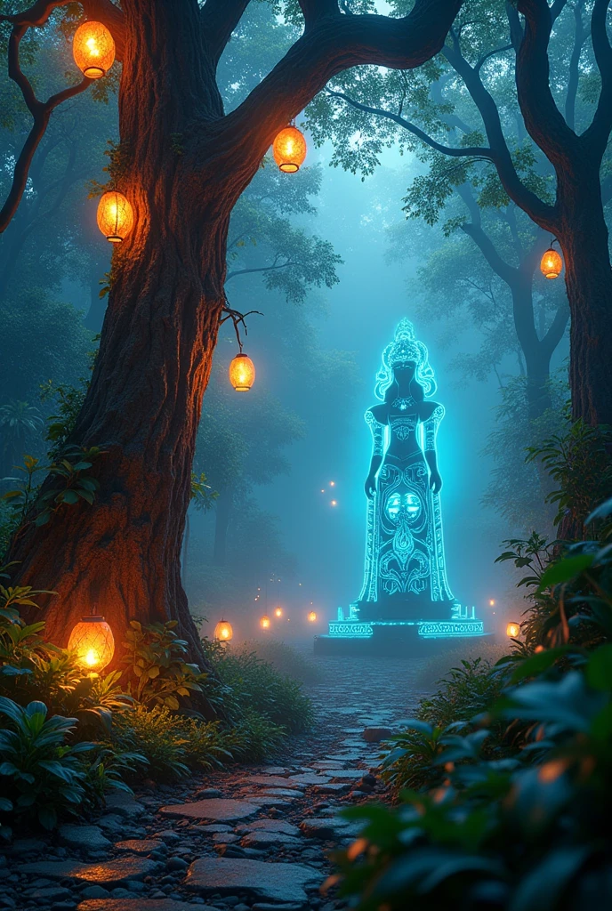 A high-resolution brightly lit photorealistic photograph of an ancient rain forest with criptic symbols of tribals and alienish paterns on the tree trunks glowing in uv colours blury glowing lanterns on the trees in the forest  cinematic cyberpunk uv lightings in the background smog and misty fog in the atmosphere broken ruins of ancient goddess skulptor glowing in uv colours  The photograph is styled like a high-end lifestle magazine. The photograph has a light bright happy feel. Use a high-resolution 16k camera with a 2:3 aspect ratio, a raw style, and a quality setting of 2 to capture this vibrant scene
. 32k, full ultra hd, high resolution, photorealistic, natural lighting, ultra realistic photo, high quality, HDR, high resolution, smooth and delicate skin, noble and elegant, ultra-realistic photography vibe, shot with Canon camera, intricate details, 32k --ar 16:9 --s 750 --v 6.1

