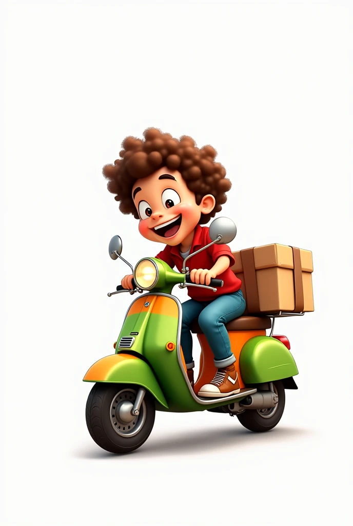 cute curly haired boy laughing while riding a green and orange courier motorbike with a large box on the back with a plain white background