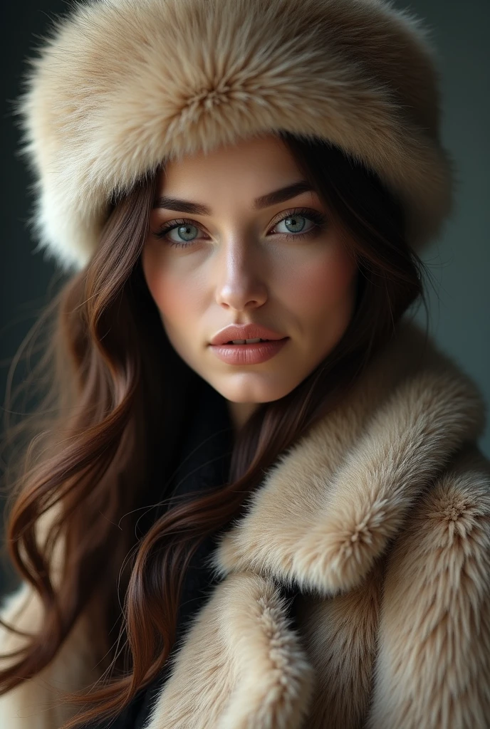 A female with brown hair and blue eyes wearing a fur coat and fur hat
