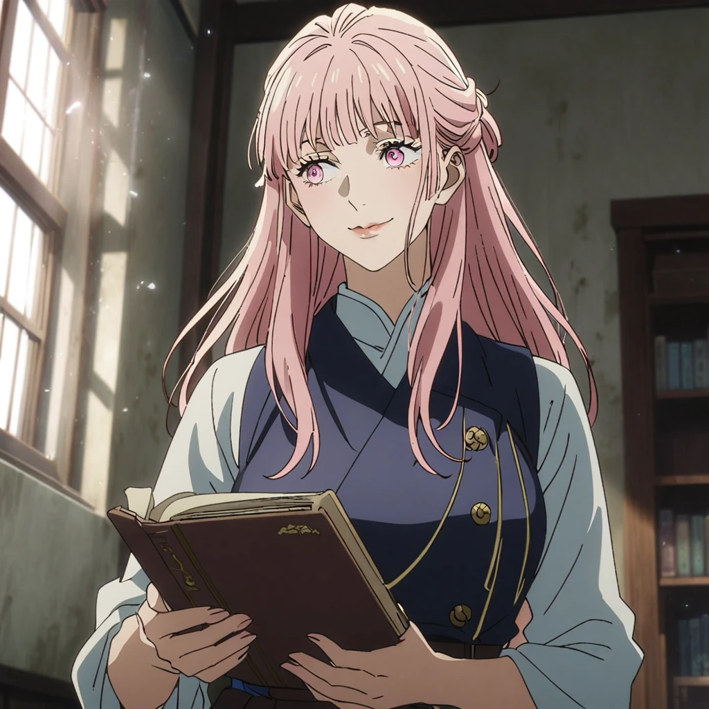 1 girl, woman gojo satoru, jujutsu kaisen anime screenshot, gojo satoru female version, Alone, long_hair, rosa_hair, window, old, Superior_body, smile, inside, book, hits, light pink_eyes, Lips, Young
