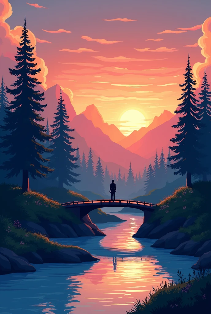 "A serene landscape at sunset, featuring a calm river flowing through a forest with tall pine trees. The trees cast long shadows, and the sky is painted in shades of orange, pink, and purple. A small wooden bridge spans the river, with a lone figure standing on it, looking at the horizon. The scene is detailed with simple shapes and thick outlines, creating a clean and polished look suitable for beginners."