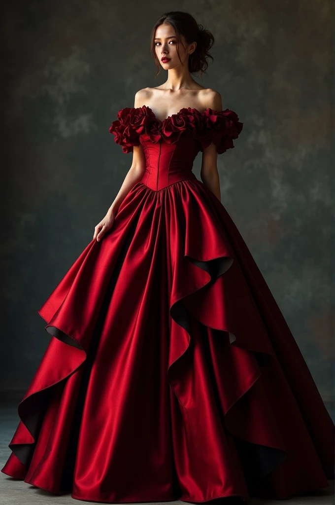 Vampire style dress in red and black colors, with volume in the skirt, slits on both sides in front of the skirt, off shoulder and sleeves reaching to the elbows with ruffles