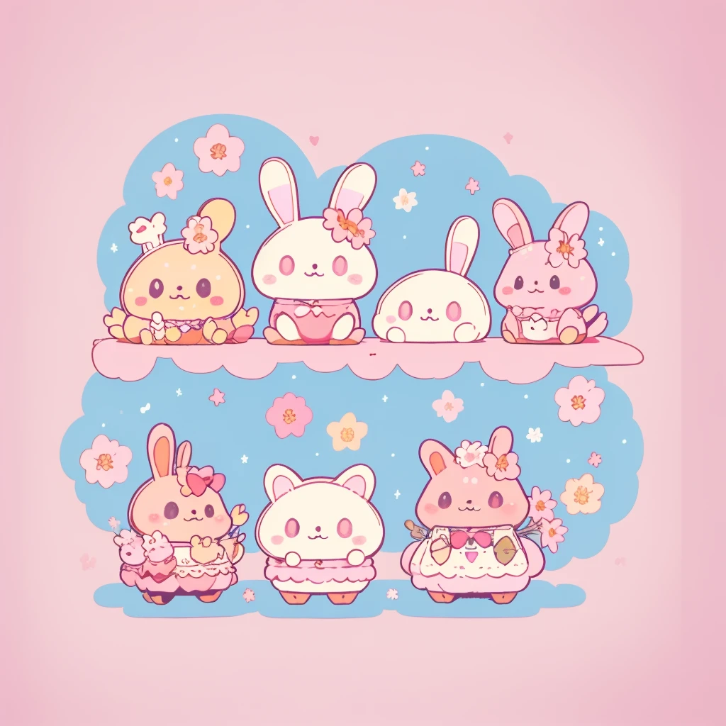 rabbit,Highest quality、Masterpiece、Official Art、Dynamic composition、Super detailed、An illustration、cute、cute、fluffy、Sanrio、Marumaru、mascot、Sanrio、Poster、🌸、💛、original character、symmetry、