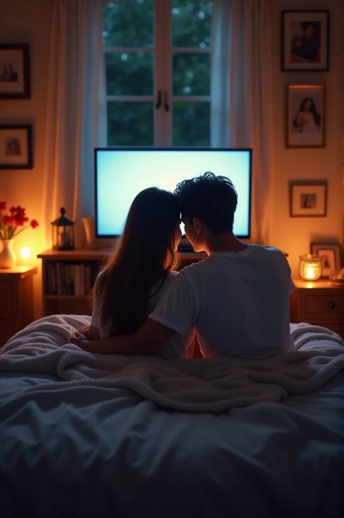 Wife and husband first night image in beed and watching Tv