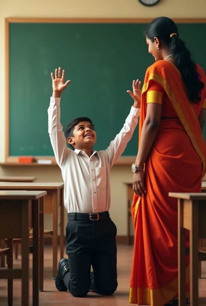 One 19 year old indian school boy wearing white shirt long sleeve black trousers abd and black belt and shoes is made to kneel down with hands straight high up inside the class room next to the black board lady teacher in saree scolding him