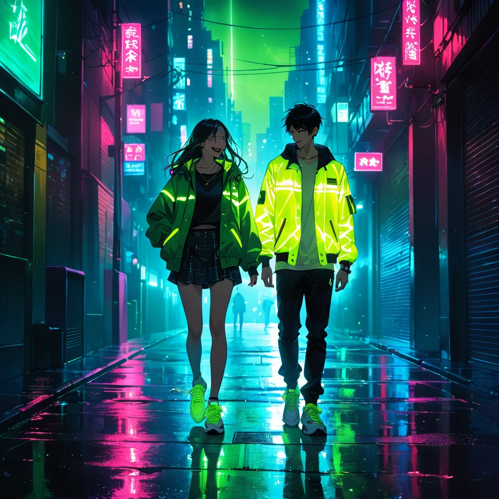"An anime-style illustration of a man and a woman in darkness. The man is laughing, and both are dressed in street-style jackets and sneakers. Their outfits feature red fluorescent colors that make them visible in the dark. The woman's full body and the man's full body are clearly shown, with glowing green accents on their jackets and sneakers to highlight them against the dark, urban background."dark,Fine details and high resolution, masterpiece, accurate, bestquality, High detail, high quality, Very detailed, dark,longhair