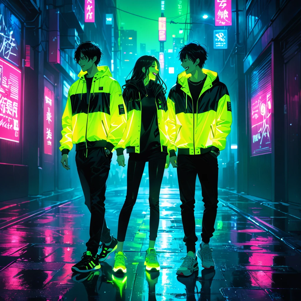 "An anime-style illustration of a man and a woman in darkness. The man is laughing, and both are dressed in street-style jackets and sneakers. Their outfits feature red fluorescent colors that make them visible in the dark. The woman's full body and the man's full body are clearly shown, with glowing green accents on their jackets and sneakers to highlight them against the dark, urban background."dark,Fine details and high resolution, masterpiece, accurate, bestquality, High detail, high quality, Very detailed, dark,longhair