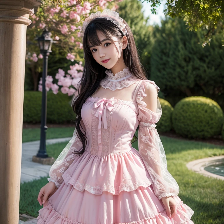 daytime,Side shot,In front of the amusement park castle,,skyscraper, best quality, Delicate face,beautiful visual work, lifelike, eternity, black hair, Long curly hair, blunt bangs, Smile, Detailed Background, Delicate face,pink blush,cold,((masterpiece))、(top quality)、8k、high detail、Super detailed,31 years old female,Wearing ta dress、Seductive and whimsical style、masterpiece、born、Scenes resembling fairy tale illustrations、Intricate details and complex designs、Beautifully、magic、capricious、 Beautifully、Dream aesthetics、「𝓡𝓸𝓶𝓪𝓷𝓽𝓲𝓬、ethereal、charming、fickle、magic」、Realism、Visual effects、FXAA、SSAO、Shaders、voiceless、ambient lighting、Tone mapping、High resolution、Ultra high quality、Million pixels、(8K resolution:1.10)、8k、Below 8K、8K resolution、high detail、intricate details, (high quality:1.2、masterpiece:1.2、:1.21)、(31 years old female:1.21)、(Smile excitedly)、(Surrounded by the dreamy atmosphere、Model diagram,full-body shot,Normal 2 feet,Don't show your fingers,pink dress, lots of lace,layered dress, Long sleeve,Puff sleeves,Transparent sleeves,Bow at the back of the waist, Skirt length to calf, cupcake dress, Layered skirt with lace on each layer, Wear a LOLIress, layered dress, Pink lolita s, lots of lace, Long sleeve, Wide sleeves, Big skirt, layered lace skirt, Puff sleeves, Wide sleeves, Transparent sleeves子, intricate details showcase the ruffles and intricate designs of the Lolita dressaring a lolita dress, Bo the back of the waist, Skirt length to calf, cupcake dress, Layered skirt with lace on each layer, Wear a LOLITA dress, layereess, Pink lolita skirt, lots of laLong sleeve, Wide sleeves, Big skirt, layered lace skirt, Puff sleeves, Wide sleeves, Transparent sleeves子, intricate details showcase the ruffles and intricate designs of the Lolita dress, Wearing a loliress, Cold Heat,mature w, There are many bows on the dress
