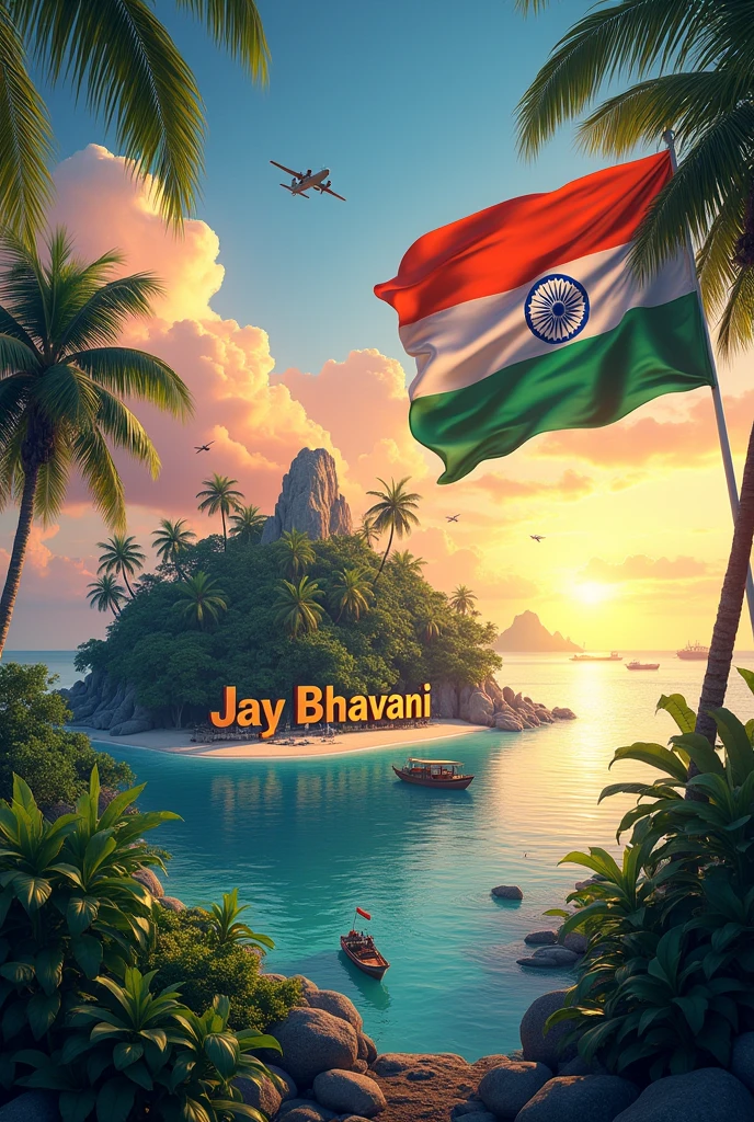 A tropical island with the name "Jay Bhavani" written on a large sign, an Indian flag waving in the foreground, and various boats and Indian army aircrafts in the background against a colorful sky
