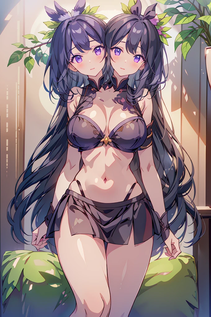 (masterpiece, best quality), best quality, best resolution, (ultra-detailed), ((3heads:1.5)), 1girl, (hisami yomotsu:1.3), masterpiece, best quality, ultra quality, ultra resolution, ultra detail, purple top, crop top, ((stomach)), midriff, ((groin)), purple skirt, normal ears, shackles, jet-black hair, very long hair, wavy hair, sidelocks, purple eyes, very detailed eyes, parted lips, open belly, seductive smile, smiling, cute, toned belly, hand on own chest, eyelashes, (25 year old woman:1.3), (masterpiece:1.5), (best quality:1.5), (beautiful detailed), extremely detailed CG, extremely delicate and beautiful, depth of field, (finely detailed face), (perfect details:1.2), (mature female:1.3), wide pelvis, slender, large veiny breast, 16k resolution, highres very high quality, very high definition, extremely detailed, masterpiece, jet-black hair, long hair, alluring presence, braid, short skirt, close up, very big tits, huge breasts, young, girl with three heads, three headed girl, NSFW,