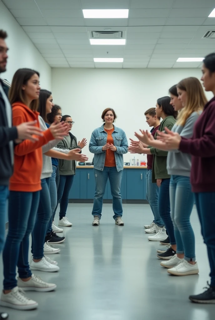 10 students standing in a straight line demonstrating longitudinal wave by acting like a spring showing compression and rarefaction. All students should be visible from the front