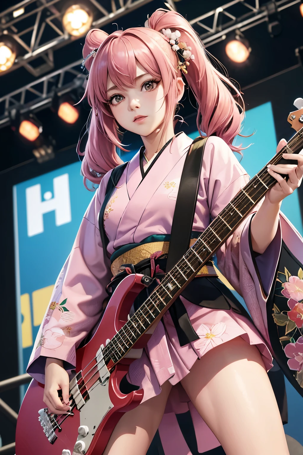 masterpiece, best quality, very detailed, high resolution, expensive resolution, high resolution, 4K, 8k, Unity 8k wallpaper, highly detailed CG, masterpiece, 2D, 3D, beautiful details, depth, fine texture, best quality: 1.3, perfect focus, crispy skin, he,
Very cute anime girl, girl playing baseguitar vocals in a band wearing a Japanese fancy floral haori hakama, on outdoor stage, full body, expensive pink twin tail hair, mole under eye, looking at the viewer, expensive, blush, mole, lips open, , heart choker, pink eyes, guitar vocals, stage,Full body of an anime girl with pink twin-tailed hair wearing a Japanese kimono and playing a bass guitar on stage at a cyberpunk festival