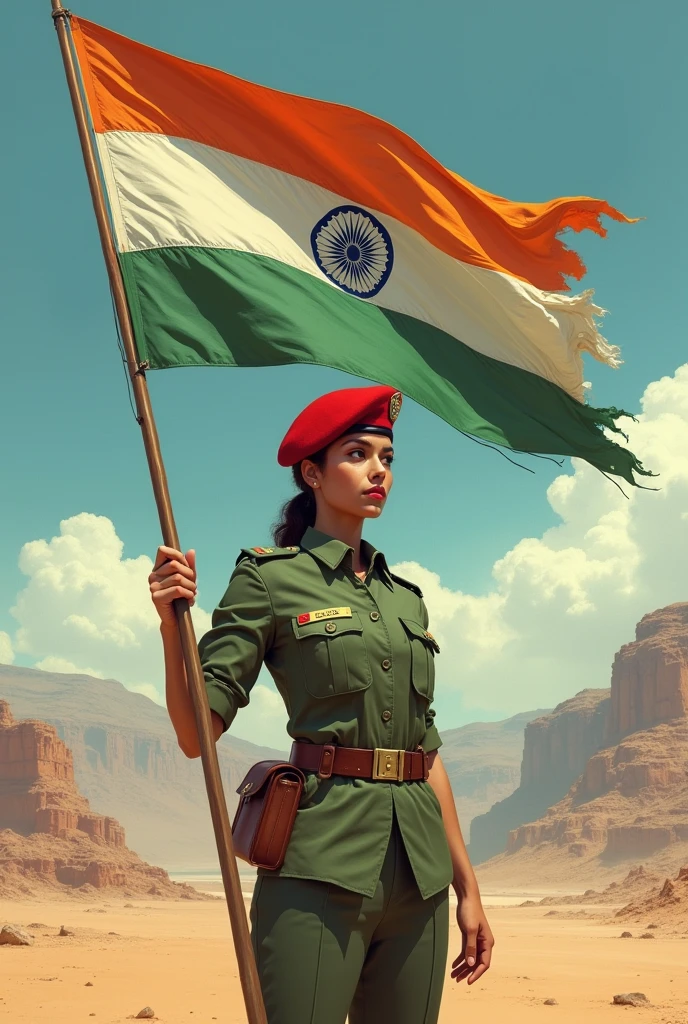 A women's soldier in a green uniform and a red beret stands in front of a tattered Indian flag, holding the flagpole with his right hand. The soldier is standing in a desert landscape, with mountains in the background. The soldier is looking straight ahead, with a serious expression on his face. The image is in a realistic style, with a focus on detail.