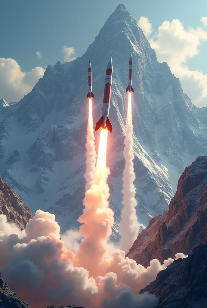 Rockets are going towards mountain in the air and leaving smoke behind from below side looking hyper realistic imagine
