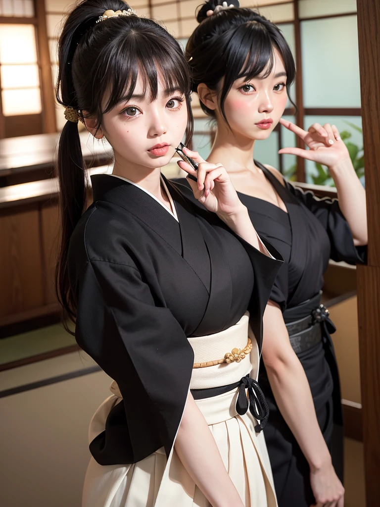 ( bangs, blunt bangs, brown hair, split ponytail, Depth of written boundary, f/4.0, 135mm, Nikon, uhd, masterpiece, Textured skin, Super detailed,4K,Wide-area lighting),(Beautiful woman: 1.4、Very white skin、Fine grain、 double eyelid)、(((hair ornaments、Black yukata、Bust Shot、Rin々Funny face、Sengoku period、Japanese-style building、Cool pose、Show from head to chest)))