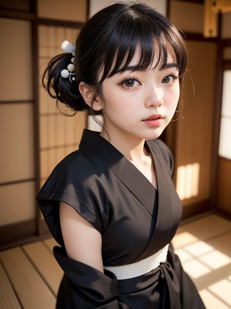 ( bangs, blunt bangs, brown hair, split ponytail, Depth of written boundary, f/4.0, 135mm, Nikon, uhd, masterpiece, Textured skin, Super detailed,4K,Wide-area lighting),(Beautiful woman: 1.4、Very white skin、Fine grain、 double eyelid)、(((hair ornaments、Black yukata、Bust Shot、Rin々Funny face、Sengoku period、Japanese-style building、Cool pose、Show from head to chest)))