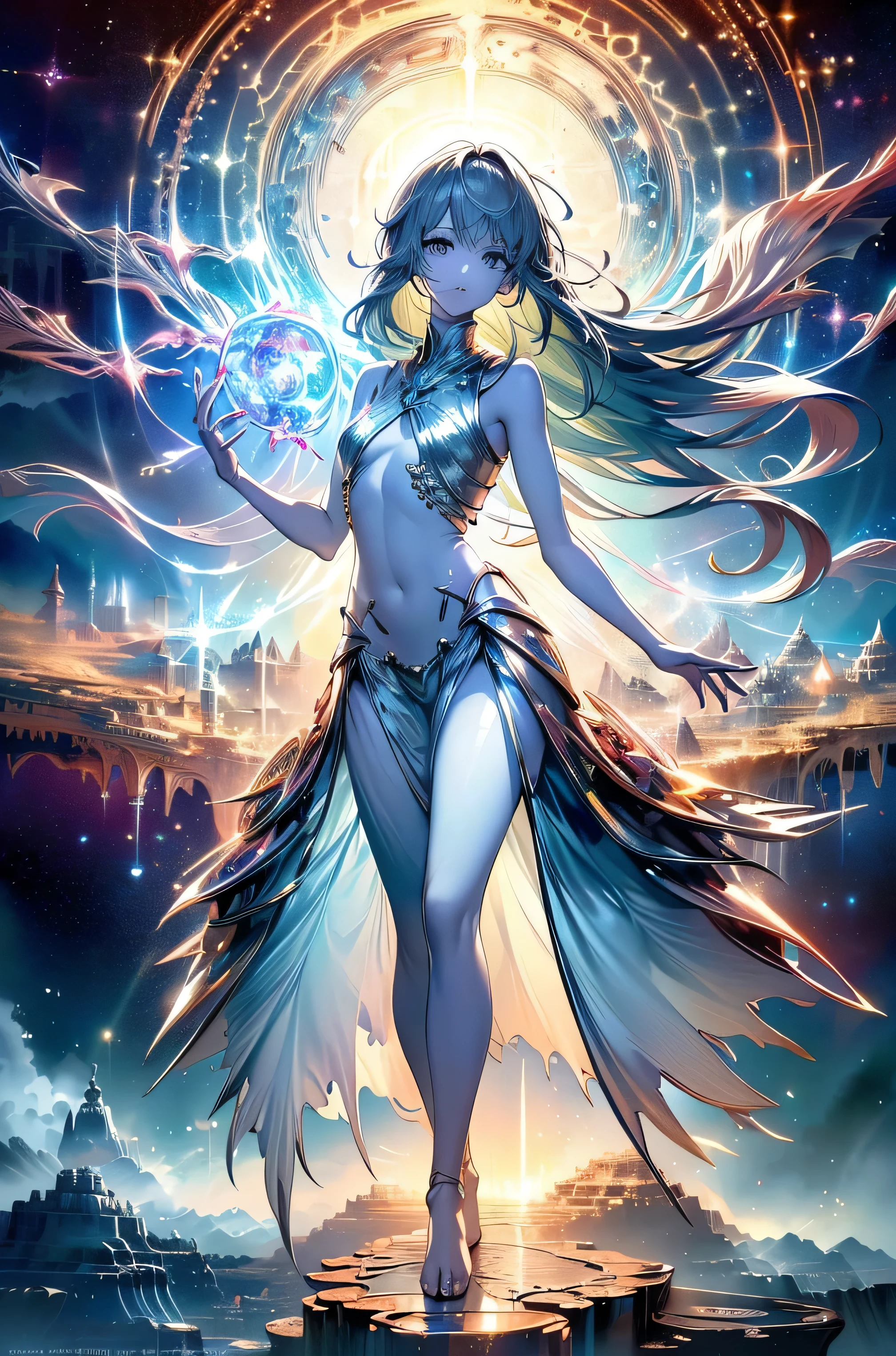 (masterpiece, high-quality, Mystical, ideal ratio of body proportions), (ultra high resolution, 8K RAW photo, photorealistic, natural lighting, textile shading), wide shot photo:1.6, (1 beautiful anime:1.3, solo:1.5, full body:1.3), alone, shiny skin, BREAK, 1other enkidu, white robe, gold eyes, barefoot, ((full body, inbalance posture)), cinema poster image, Exotic wallpapers, fantastic colorful art, (fantasy image:1.5), ((correct anatomy:1.5, perfect anatomy:1.3, correct hand, small foot:1.2)),
