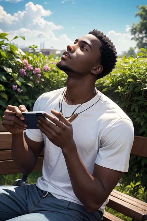 Creates an image of a young African man with no beard and short hair sitting on a garden bench, holding a cell phone in his hand and crying , and looking up at the sky 