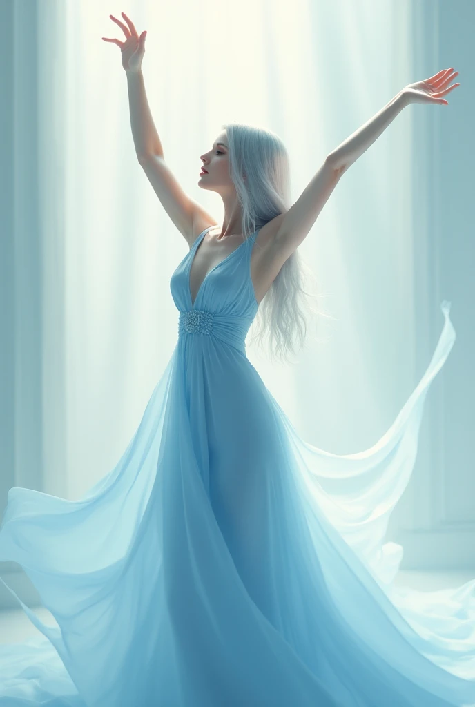 Woman in a light blue dress　Sleeveless Long straight hair Hair color is silver Height is about 157cm Create a pose with both arms raised high。