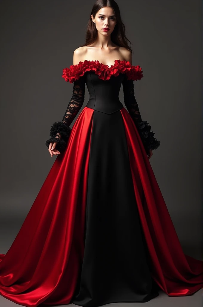 Vampire style dress in red and black colors, with volume in the skirt, slits on both sides in front of the skirt, off shoulder and sleeves reaching to the elbows with ruffles