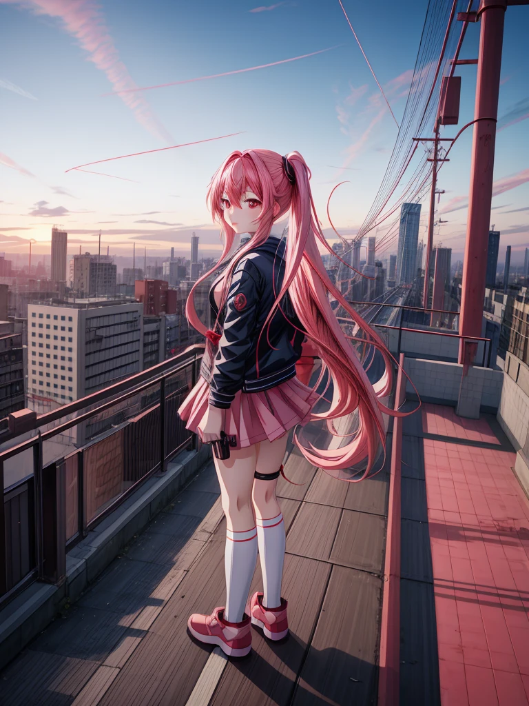 anime girl with long pink hair and red eyes standing in front of a city, best anime 4k konachan wallpaper, anime style 4 k, badass anime 8 k, 4k anime wallpaper, anime wallpaper 4 k, anime wallpaper 4k, anime art wallpaper 8 k, anime art wallpaper 4k, anime art wallpaper 4 k, anime vibes