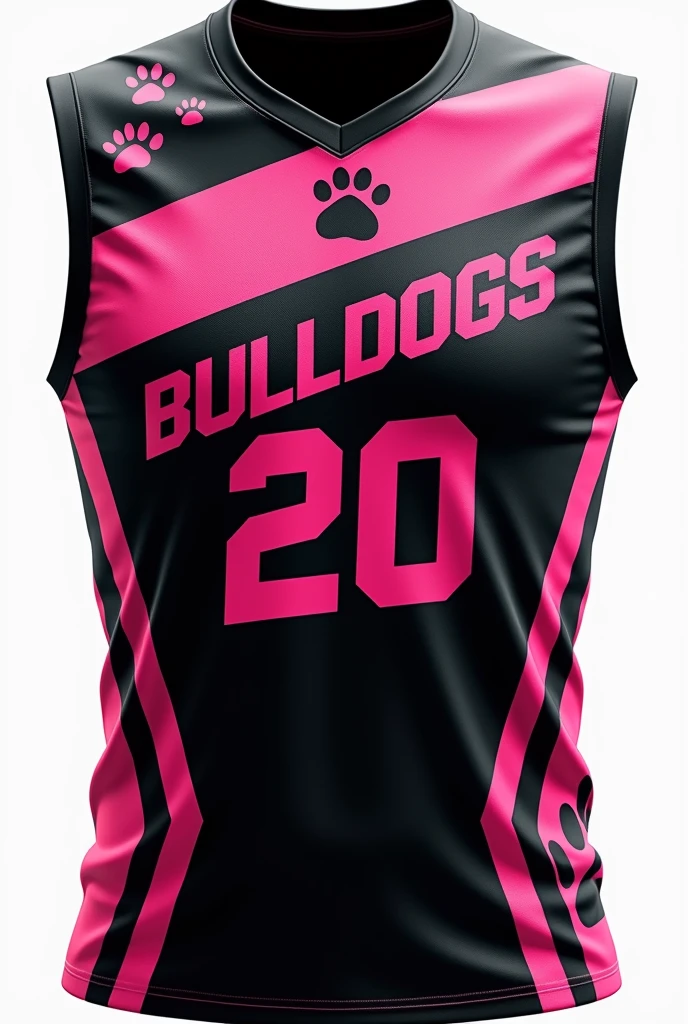 Black and pink flag football jersey, that says BULLDOGS and the number 20 on the front without sleeves that has dog paws