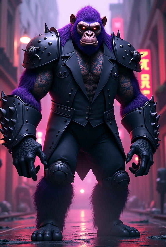 Purple ape with full armor in gangster suit, tattooed  