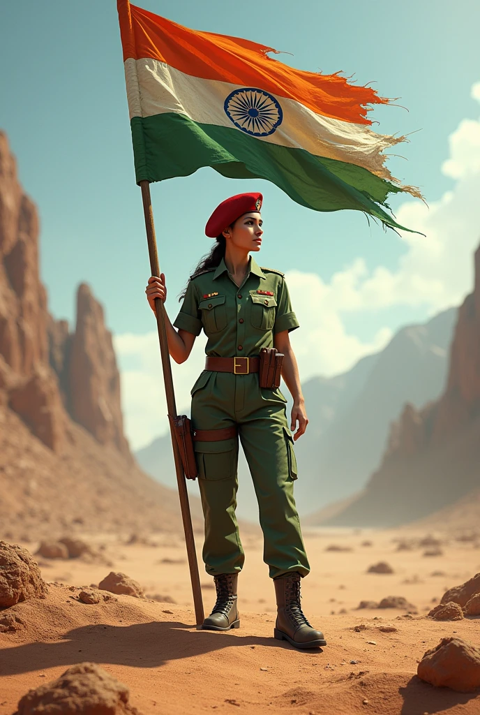 A women's soldier in a green uniform and a red beret stands in front of a tattered Indian flag, holding the flagpole with his right hand. The soldier is standing in a desert landscape, with mountains in the background. The soldier is looking straight ahead, with a serious expression on his face. The image is in a realistic style, with a focus on detail.