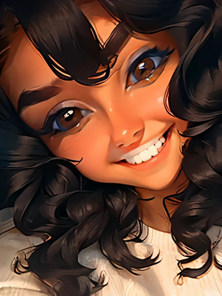 Ultra-detailed face, Detailed eyes, smiling. brown eyes, black wavy hair, one lady. Masterpiece.