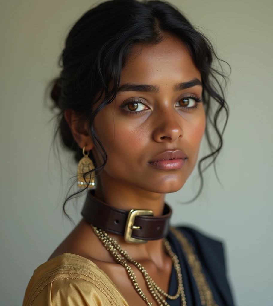 Realistic beautiful kerala muslim woman age 30 with dog collar in her neck