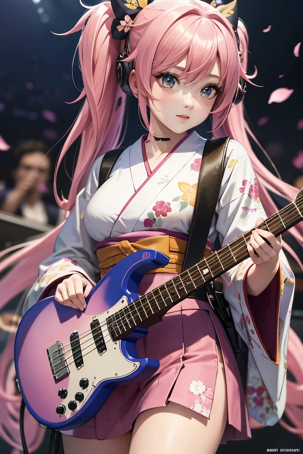 masterpiece, best quality, very detailed, high resolution, expensive resolution, high resolution, 4K, 8k, Unity 8k wallpaper, highly detailed CG, masterpiece, 2D, 3D, beautiful details, depth, fine texture, best quality: 1.3, perfect focus, crispy skin, he,
Very cute anime girl, girl playing baseguitar vocals in a band wearing a Japanese fancy floral haori hakama, on outdoor stage, full body, expensive pink twin tail hair, mole under eye, looking at the viewer, expensive, blush, mole, lips open, , heart choker, pink eyes, guitar vocals, stage,Full body of an anime girl with pink twin-tailed hair wearing a Japanese kimono and playing a bass guitar on stage at a cyberpunk festival