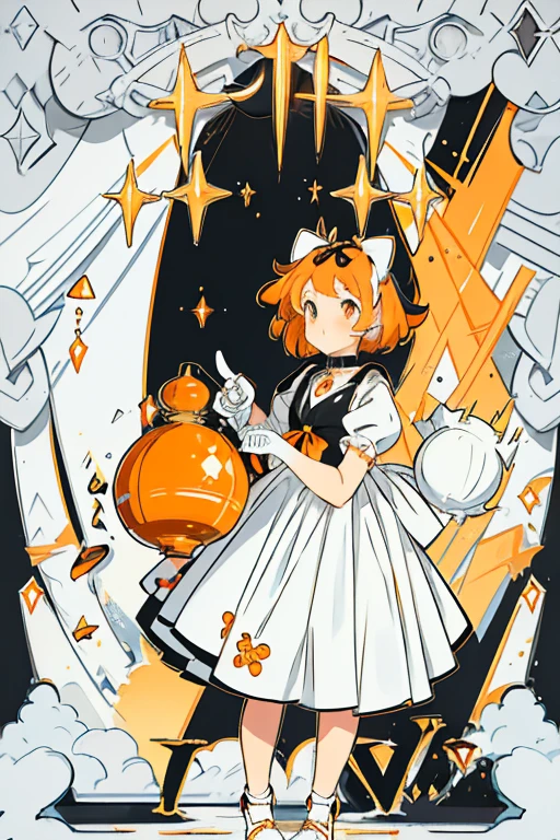 Concept art, beautiful young anime girl, 1950s style haircut, orange bow on head, orange eyes, white 1950s vintage dress ((black and white checkered pattern inside the dress)), black bow on dress collar ((with golden bell)), white gloves ((black fingertips)), futuristic retro style background, warm colors, vivid colors