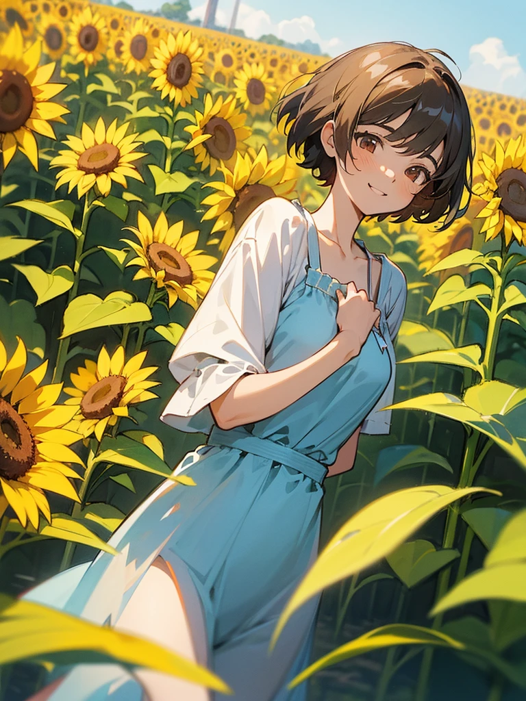 master piece, best quality, for below, cinematic angle, upper body , pigeon toed,
Anime-style Moe illustration, summer vacation theme, 20-year-old woman, sunflower field, short hair,
Picnic Maxi Dress, slightly inner thighs, smile, accurate drawing, Active pose, Active Angle,