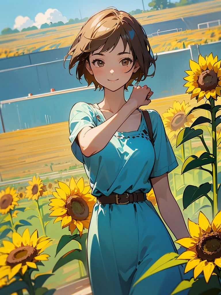 master piece, best quality, for below, cinematic angle, upper body , pigeon toed,
Anime-style Moe illustration, summer vacation theme, 20-year-old woman, sunflower field, short hair,
Picnic Maxi Dress, slightly inner thighs, smile, accurate drawing, Active pose, Active Angle,