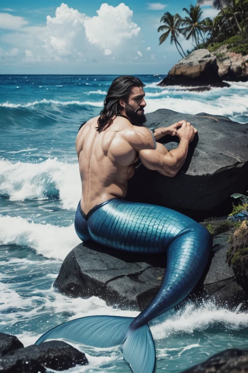 Two muscle male mermaid, wrestling, wrestling smash, warriors, merman warrior, muscles, two male bodybuilders, back, hold on tail, blue mermaid tails, black long beard, black long hair, lie on rock, sea, ocean, big water wave, water, wallpaper 