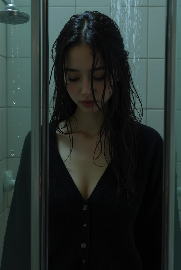 Depressed Woman, black hair, taking a shower, soaking wet, black sweater, low neckline